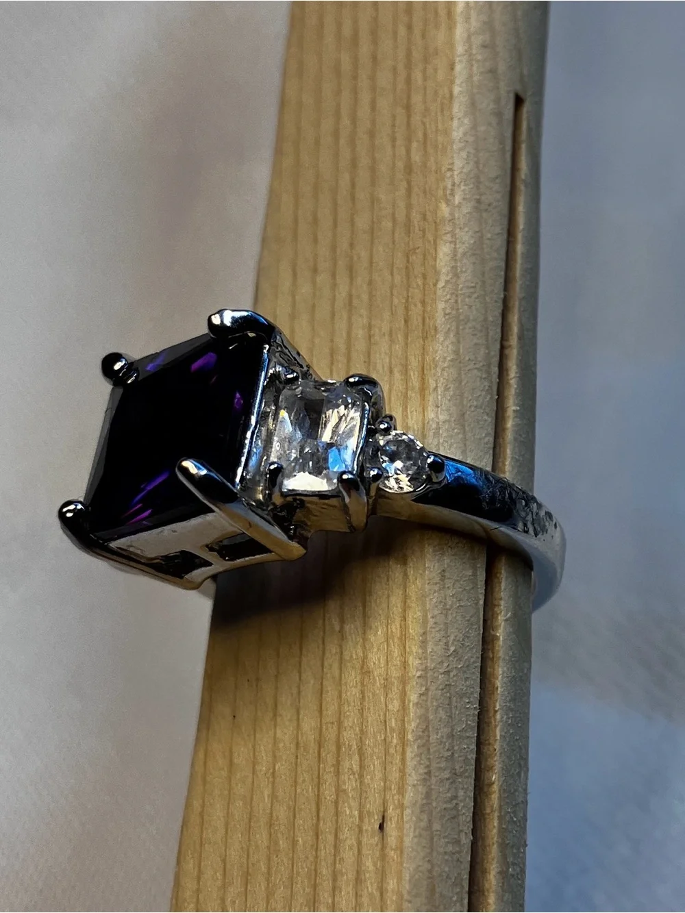 Square Silver Plated Faceted Purple Statement Ring with Floral Brocade Pouch, 7